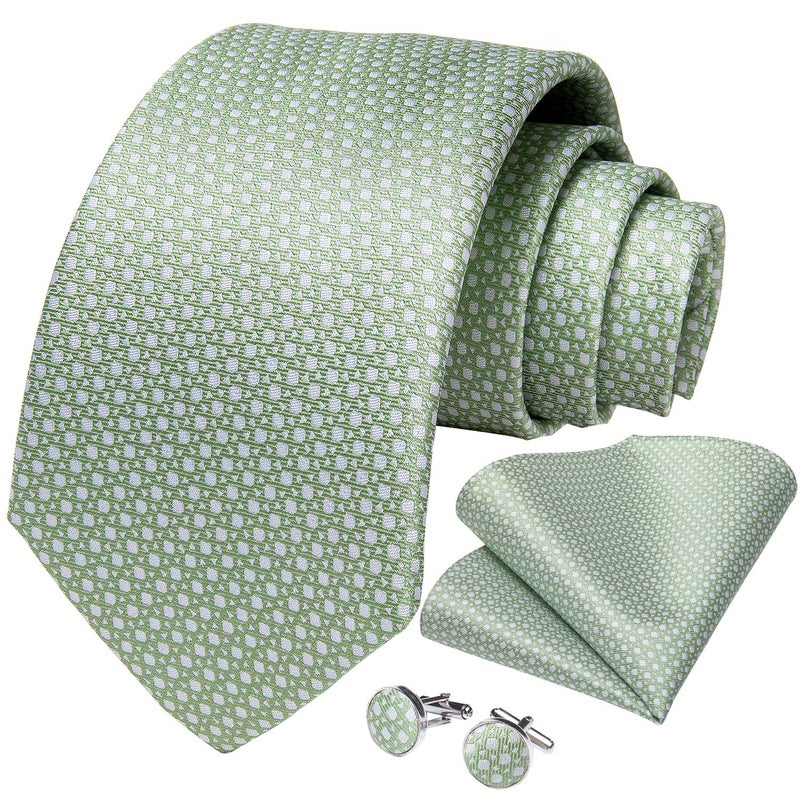 DiBanGu Mens Tie Set Silk Solid Paisley Necktie and Pocket Square Cufflinks Classic Formal Ties for Men Wedding Party, Sage Green - Image 1